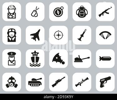 Ensemble de design plat noir et blanc icônes militaires ou militaires Grande Illustration de Vecteur