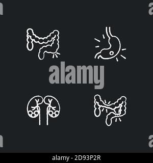 Icônes blanches de la douleur abdominale sur fond noir Illustration de Vecteur