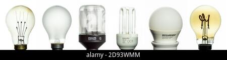 Évolution de l'ampoule électrique - du filament de carbone au tungstène, CFL et LED. Image composite. Arrière-plan blanc, isolé Banque D'Images