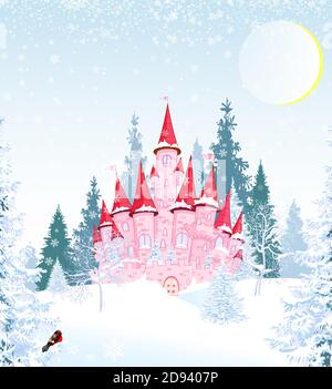 Château de princesse rose de dessin animé sur le fond d'une forêt enneigée d'hiver. Nuit enneigée en hiver. Illustration de Vecteur