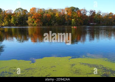 PRINCETON, NJ -31 OCT 2020- vue des gens faisant du kayak à l'automne sur le lac Carnegie à Princeton, New Jersey, États-Unis. Banque D'Images