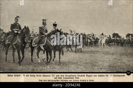 Kaiser Wilhelm II mit König Victor Emanuel III und dem Kronprinzen Friedrich August von Sachsen 1902. Banque D'Images