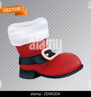 Botte rouge du Père Noël avec une fourrure blanche et une ceinture noire avec une boucle dorée. Illustration vectorielle réaliste d'une chaussure de Noël à gros plan vide Illustration de Vecteur