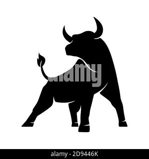 Silhouette de taureau , logo monochrome, symbole de l'année dans le calendrier chinois du zodiaque. Illustration vectorielle d'un bœuf à cornes debout ou d'un iso angus noir Illustration de Vecteur