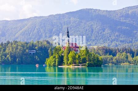 Pèlerinage Église de l'Assomption de Maria (slovène: Cerkev Marijinega Vnebovzetja) sur l'île Bled (Blejski otok) sur le lac Bled, Slovénie. Église b Banque D'Images