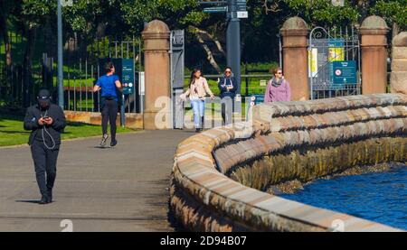 La promenade au bord de la mer à Mrs Macquarie's point à Farm Cove et les jardins botaniques royaux dans le port de Sydney, en Australie. Banque D'Images