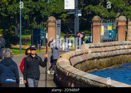 La promenade au bord de la mer à Mrs Macquarie's point à Farm Cove et les jardins botaniques royaux dans le port de Sydney, en Australie. Banque D'Images