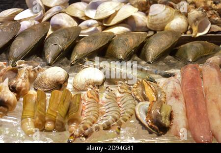 des fruits de mer frais sur la cabine à vendre sous une lumière vive Banque D'Images