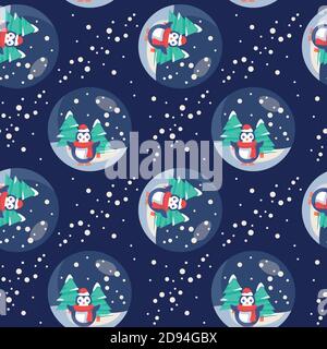 Pingouin dans boule de neige sur fond bleu marine Noël motif sans couture pour papier peint, papier d'emballage, dormant, carrelage de bain, vêtement ou linge de lit étui de téléphone o Illustration de Vecteur