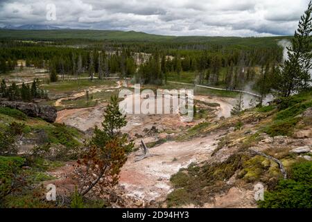 Sources d'eau chaude et geysers (y compris Blood Geyser) le long du sentier Artists Paint pots dans le parc national de Yellowstone, Wyoming Banque D'Images