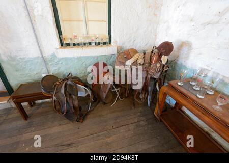 Les anciennes selles font partie des souvenirs de l'hôtel Betoota, un ancien pub de l'Outback renommé dans la ville fantôme de Betoota, Diamantina Shire, Queensland, Banque D'Images