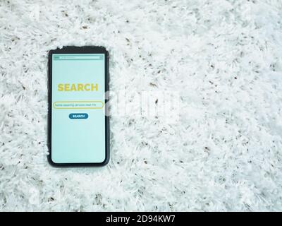 Vue supérieure du smartphone avec écran de recherche de service de nettoyage sur la moquette. Banque D'Images
