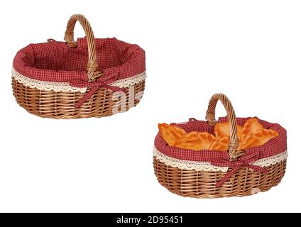 Panier en osier en deux versions. Illustration sur fond blanc. Banque D'Images