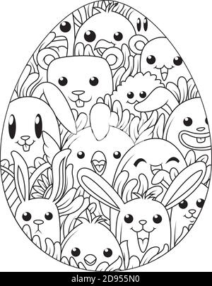 Œufs de pâques dessinés à la main pour le livre de coloriage pour adultes et éléments de dessin animé mignons Illustration de Vecteur