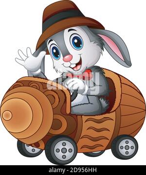 Illustration vectorielle d'un lapin de dessin animé conduisant une voiture-jouet Illustration de Vecteur