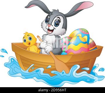 Bateau à rames de Pâques avec poussins et œufs de pâques décorés Illustration de Vecteur