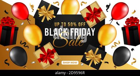 Motif d'arrière-plan vectoriel Black Friday sale. Black friday solde fond vectoriel avec ballons et décoration confetti. Bannière de solde du Vendredi fou, poste Illustration de Vecteur
