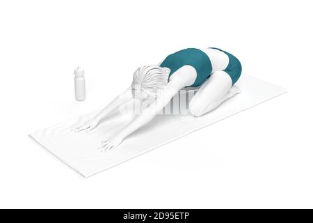 Une femme qui fait des enfants pose extensible sur un tapis d'exercice. Illustration 3D Banque D'Images