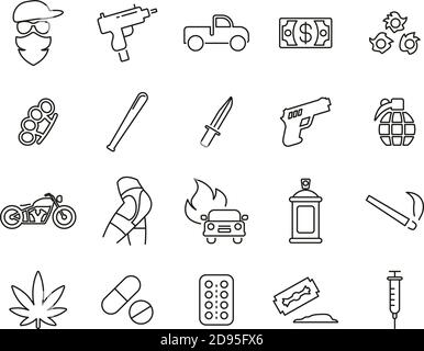 Moderne Gangster Icons Noir & blanc ligne mince ensemble grand Illustration de Vecteur