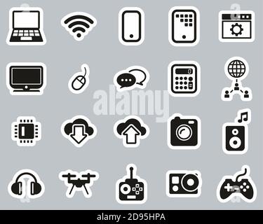 L'ensemble d'autocollants noir et blanc des icônes de la technologie moderne est grand Illustration de Vecteur