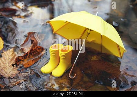 Parapluie jaune et bottes en caoutchouc dans une poddle avec des feuilles d'automne. Concept d'automne Banque D'Images