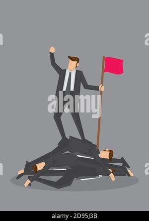 Homme d'affaires debout sur une pile de corps morts et tenant un drapeau et poing dans l'air dans la victoire. Illustration vectorielle conceptuelle pour atteindre le haut b Illustration de Vecteur