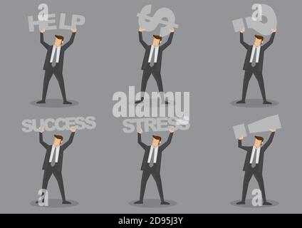 Caricature dirigeant d'entreprise sans visage portant des signes de texte et de symboles sur sa tête. Jeu de six illustrations vectorielles de caractères isolées sur fond gris Illustration de Vecteur