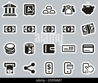 Argent ou monnaie icônes ensemble d'autocollants noir et blanc grand Illustration de Vecteur