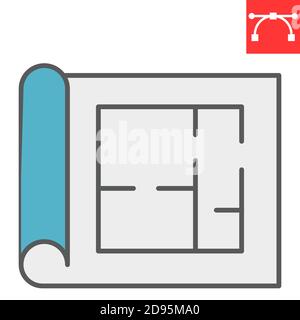 Icône de ligne de couleur de plan d'étage, architecture et photocalque, graphiques vectoriels de signe de plan de maison, icône de contour rempli de contour modifiable, eps 10. Illustration de Vecteur