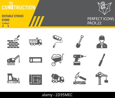 Jeu d'icônes de glyphe de construction, collection de réparation, croquis vectoriels, illustrations de logo, icônes de construction, panneaux d'équipements de construction pictogrammes solides, e Illustration de Vecteur