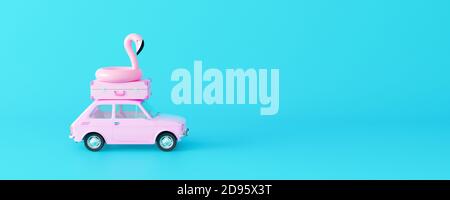 Voiture rose avec bagages et flamant sur fond bleu pastel. Idée de concept été minimaliste créatif 3D Render 3D illustration Banque D'Images