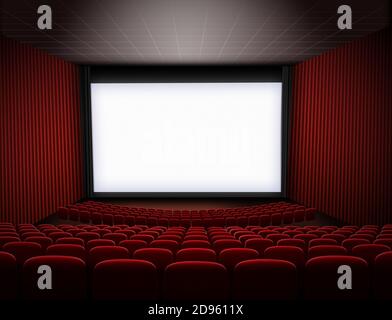 cinéma avec grand écran et illustration 3d red seats Banque D'Images