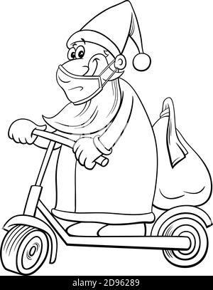 Illustration de dessin animé noir et blanc de l'équitation du Père Noël Un scooter électrique sur la page de livre de coloriage de Noël Illustration de Vecteur