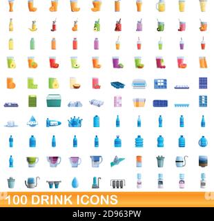 100 icônes de boissons définies. Illustration de dessin animé de 100 icônes de boisson vecteur isolé sur fond blanc Illustration de Vecteur