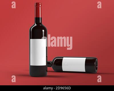 Deux bouteilles de vin sur fond rouge rendu 3d Banque D'Images