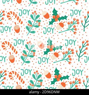Sans couture motif de Noël dessin à la main illustration vectorielle canne à sucre, GUI, noix, lettres de joie. Décor répété arrière-plan vacances d'hiver Illustration de Vecteur