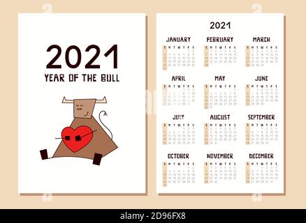 Calendrier ou planificateur format A4 pour 2021 avec un joli taureau kawaii isolé sur blanc. Symbole du nouvel an. Illustration vectorielle de Happy Smiling ox avec du rouge Illustration de Vecteur