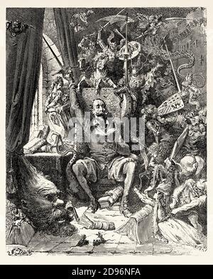 Don Quichotte parmi ses livres dans sa bibliothèque. Don Quichotte par Miguel de Cervantes Saavedra. Illustration de la gravure du XIXe siècle par Gustave Dore Banque D'Images