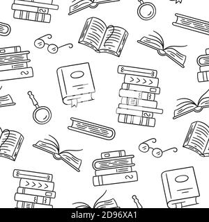 Motif sans couture avec livres papier. Bibliothèque, piles de livres, verres en style doodle. Illustration vectorielle dessinée à la main Illustration de Vecteur