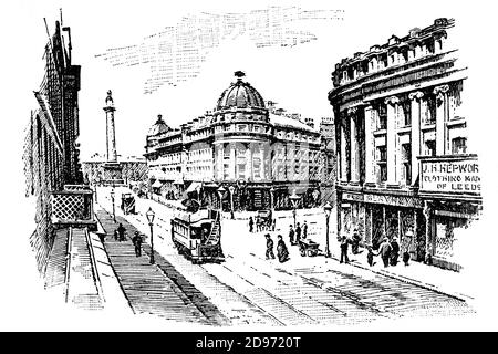 Vue de la fin du XIXe siècle sur Grainger Street, dans le centre de Newcastle-upon-Tyne. Le centre-ville a été reconstruit, principalement par trois hommes, John Dobson, un architecte, Richard Grainger, un constructeur, et John Clayton, le secrétaire municipal. Les trois ont des rues nommées d'après elles. Banque D'Images