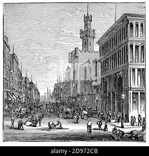 Vue de la fin du XIXe siècle sur Market Street, connue à l'origine sous le nom de High Street, à Philadelphie, en Pennsylvanie. Market Street a été appelée la route la plus historique des États-Unis: Beaucoup des activités de Benjamin Franklin ont été centrées le long de Market Street; Thomas Jefferson a écrit la Déclaration d'indépendance dans une pension; Le manoir de Robert Morris, financier de la Révolution américaine, connu sous le nom de Maison du Président, a été utilisé par George Washington et John Adams comme résidence pendant leurs mandats de Président. C'est toujours l'un des principaux sites d'affaires et de commerce Banque D'Images