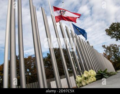 Berlin, Allemagne. 03ème novembre 2020. En Berne, le drapeau autrichien agite devant l'ambassade de Berlin après l'attentat terroriste de Vienne. Des inconnus ont placé des fleurs devant le bâtiment à la mémoire des victimes. Credit: Paul Zinken/dpa/Alay Live News Banque D'Images