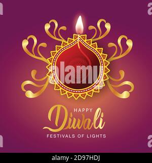 Décor joyeux Diwali. Vue avant de la bannière décorée de lampes à huile lumineuses sur fond à motifs. Illustrateur vectoriel Illustration de Vecteur