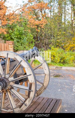 Les vieux canons en laiton dans le champ de bataille.vieux canons en métal debout sur deux supports en bois sur une pelouse ou un champ herbacé vue par une belle journée d'été Banque D'Images