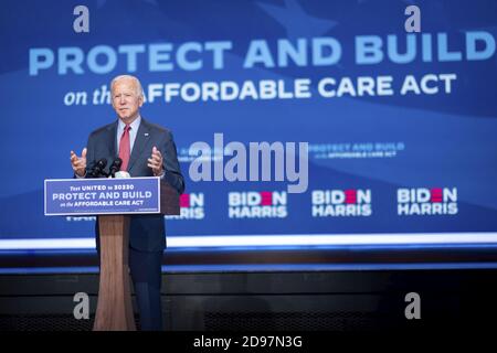 WILMINGTON, DELAWARE, États-Unis - 28 octobre 2020 - Joe Biden, candidat démocrate à la présidence des États-Unis, prononce un discours sur l'Affordable Care Act à Wilmington, Banque D'Images