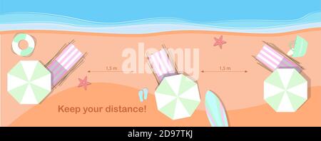 Vue de dessus de la plage avec des chaises longues à une distance pour observer la distance de quarantaine en cas de pandémie. Illustration vectorielle plate d'une plage de sable et d'une mer pour les loisirs et les vacances avec une annonce pour observer la distance de 1.5 mètres entre les chaises longues. Vacances à la plage en quarantaine, été 2020. Illustration de Vecteur