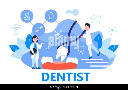 Concept de vecteur de service de dentiste pour la page d'arrivée. Les dentistes de petite taille font une radiographie des dents pour aider les maux de dents, blanchir l'émail ou l'implant de récupération. Onlin Illustration de Vecteur