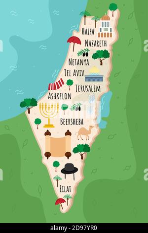 Carte de dessin animé d'Israël. Illustration de voyage avec des monuments juifs, des bâtiments, de la nourriture et des plantes. Infographies touristiques amusantes. Symboles nationaux. Célèbre Illustration de Vecteur