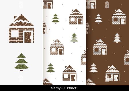 Ensemble de motifs sans couture de maisons et de sapins de style plat. Collection de cartes avec éléments de Noël traditionnels. Illustration de Vecteur
