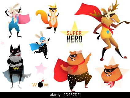 Super héros animaux fête des enfants personnages drôles Illustration de Vecteur